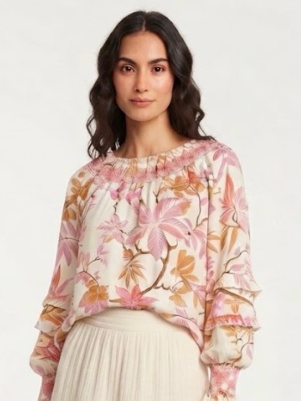 Spartina 449 Botanical Floral Smocked Neck Ruffle Sleeve Blouse Size S